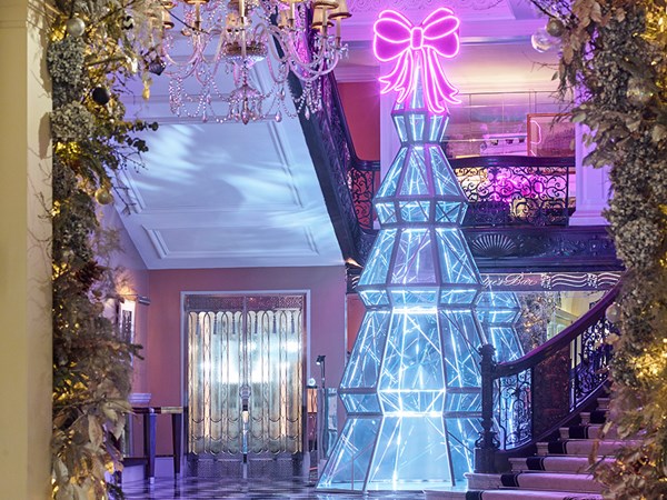 Christmas tree in Claridge's lobby, designed by Sandra Choi for Jimmy Choo